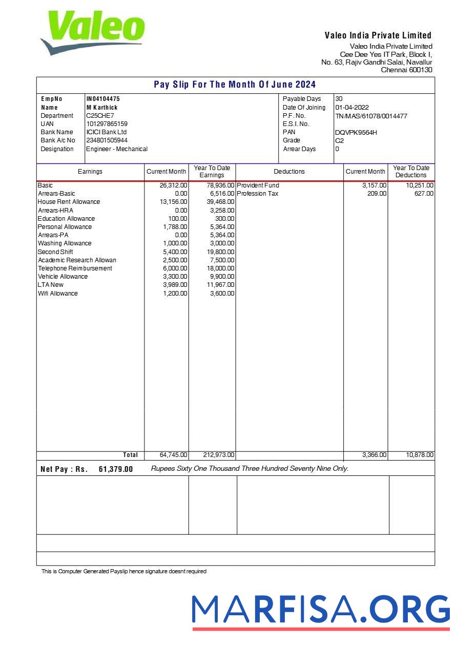 Printable Valeo India payslip example